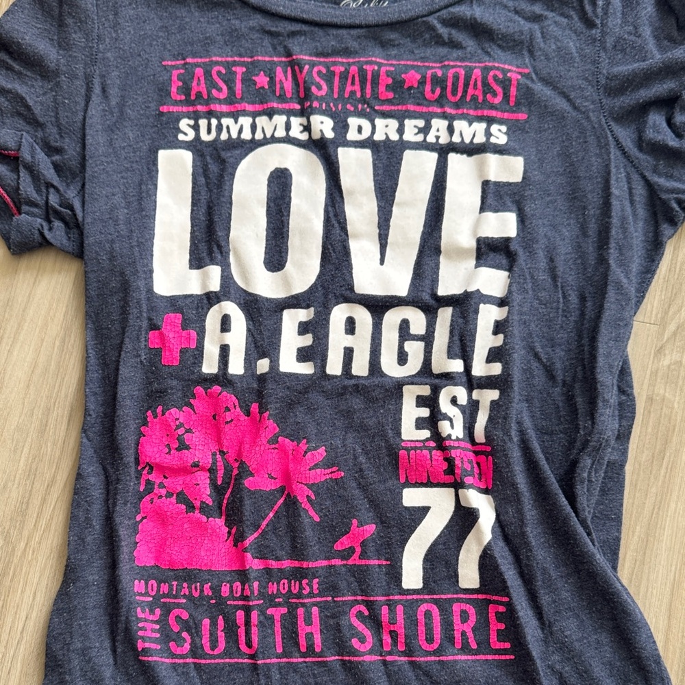 American Eagle Outfitters Navy and Pink Graphic Tee